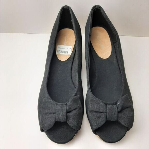AMERICAN EAGLE AE New Peep Toe Bow Espadrille Cork Wedge Shoe Heels Black Sz 4.5 - Picture 5 of 13